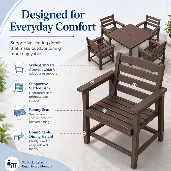 HDPE Outdoor Dining Set for 4, Square Table & Chairs Set | • All-Weather Polywood Composite • 410 lbs Heavy-Duty Support • Built-In 2" Umbrella Hole • Easy Soap-Water Wash