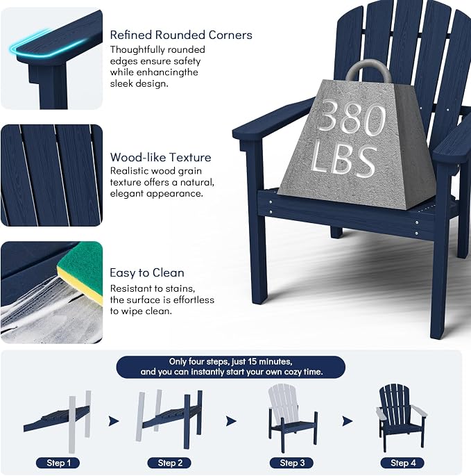 nevilywood Compact Stackable Adirondack Chairs Set of 2,HDPE,380lbs,Navy | 26.3" Wide HDPE.All-Weather Outdoor.Maintenance-Free.Stackable for Storage.25°Curved Straight Backrest.Quick Assembly
