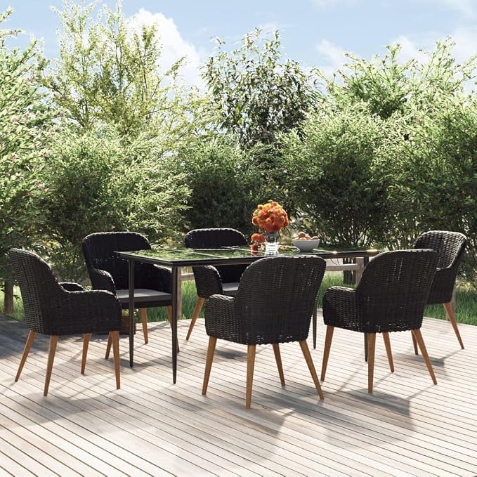 7 Piece Patio Dining Set, Outdoor Garden Table and 6 Chairs with Cushions, Modern Wicker Sectional Dining Furniture for Backyard, Porch and Deck, Black