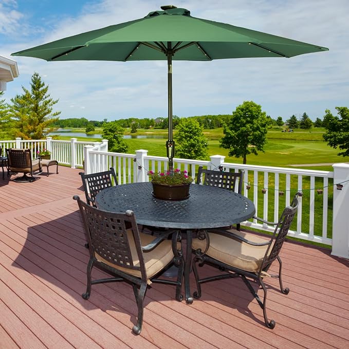 HERMOCE 9FT Solar Umbrella 32 LED Patio Umbrellas with Tilt and Crank,Table Market Outdoor Umbrella for Garden,8 Ribs