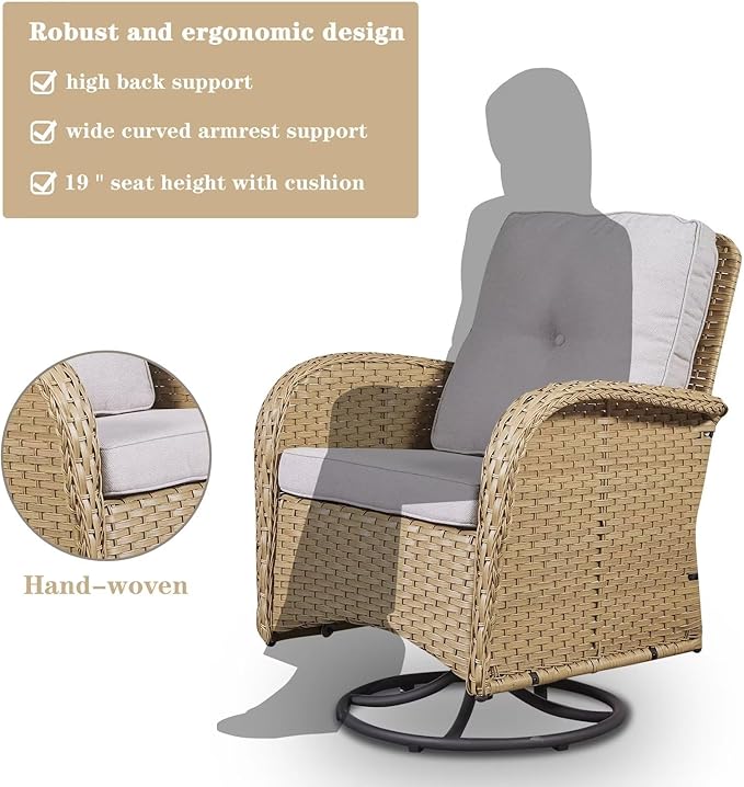 Belord 3PC Patio Furniture Set - Swivel Rocker Chair Bistro Set with Rattan Side Table, Natural Wicker/Beige Cushion