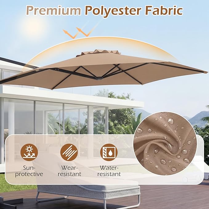 Tangkula 10FT Patio Umbrella, Offset Cantilever Outdoor Umbrella with 360 Degree Rotation, Air Vent, Cross Base for Pool Deck Garden Backyard (Tan)
