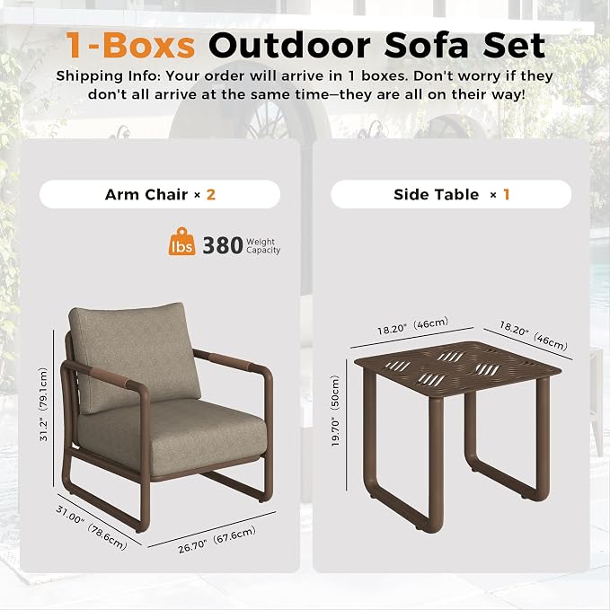 Outdoor Aluminum Patio Furniture Set, 3 Pieces Conversation Set with 6.5 Inch Cushions and Coffee Table, All-Weather Rust-Resistant Frame Conversation Set for Porch, Garden, Backyard, Brown