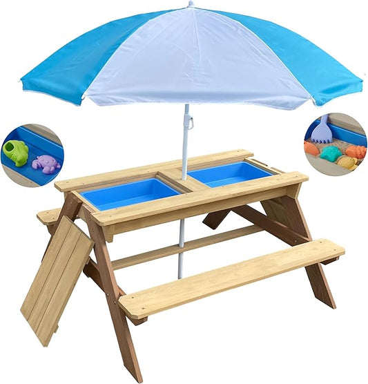 BTExpert Kids 3-in-1 Sand Water Activity Table Wooden Outdoor Convertible Picnic Table Bench Adjustable Umbrella Removable Top 2 Play Boxes Toy Set 37 x 35 in