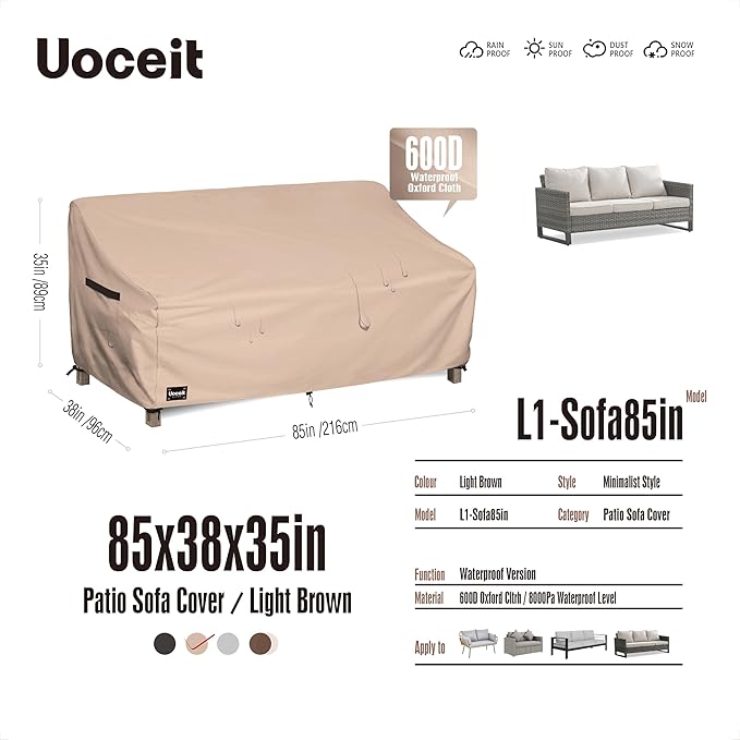 3-Seater Outdoor Couch Cover, 85Wx38Dx35H inches Outdoor Furniture Covers Waterproof，100% Waterproof Heavy Duty Patio Furniture Covers,Light Brown Minimalist Style Outdoor Sofa Cover.