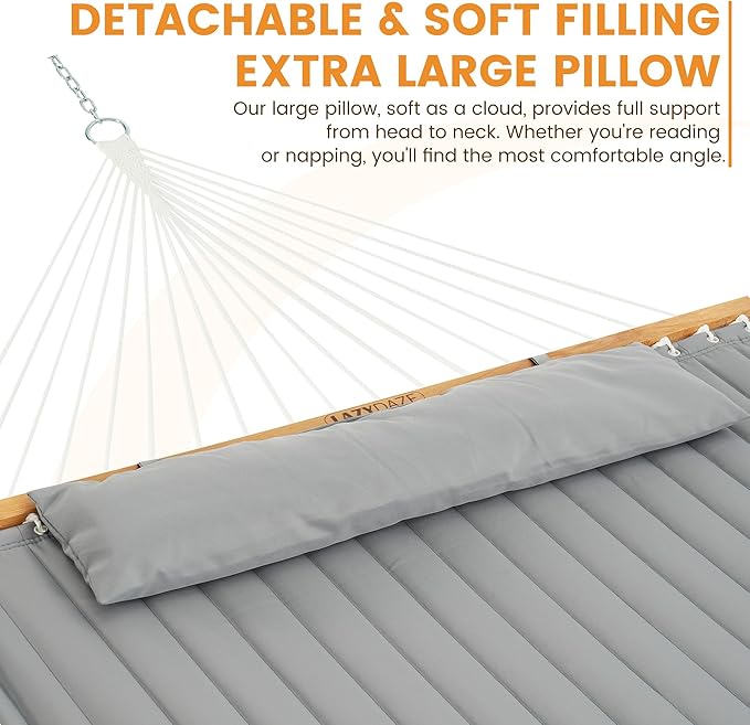 Lazy Daze Hammocks 12 FT Double Quilted Fabric Hammock with Spreader Bar and Detachable Pillow, 2 Person Double for Outside Patio Backyard, 450lbs Capacity, Light Gray