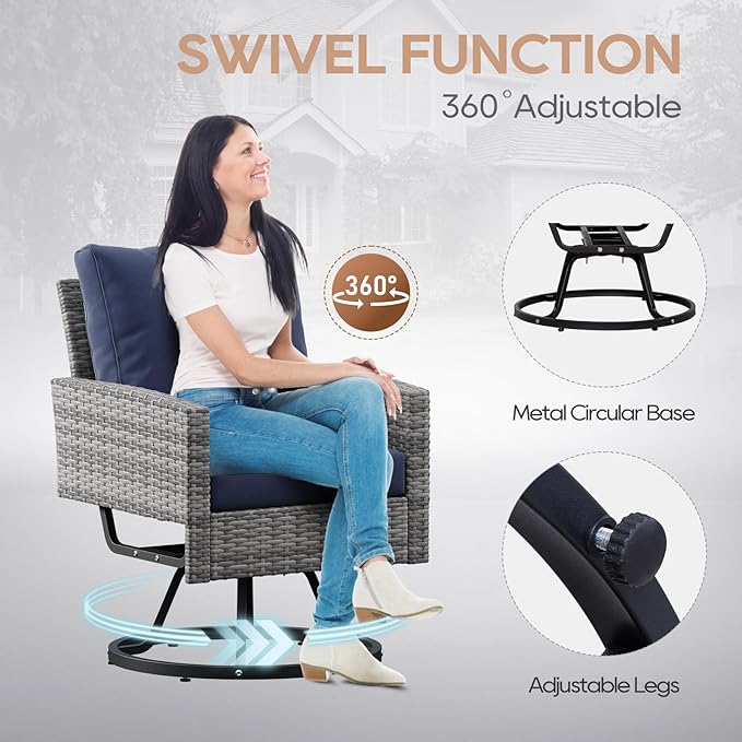 6 Piece Outdoor Furniture Set, Rattan Patio Furniture with 2 Swivel Chairs, 3-Seat Sofa, 2 Ottoman & Side Table, All-Weather Conversation Set for Porch Garden Lawn Balcony (Gray & Blue)