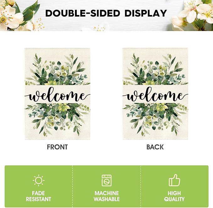 AVOIN colorlife Spring Summer Floral Welcome Garden Flag 12x18 Inch Double Sided Outside, Eucalyptus Seasonal Farmhouse Yard Outdoor Flag