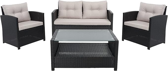 SAFAVIEH Outdoor Collection Vellor Black/Light Grey Cushion 4-Piece Conversation Patio Set
