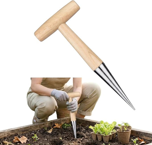 Plant Hole Digger for Planting, New Handheld Digger Garden Seed Planting Tool Bulb Planter Tool T Wooden Handl for Planting Tulip Daffodil Saffron Vegetable Seeds, Easy to Drill Holes (1 Pcs)