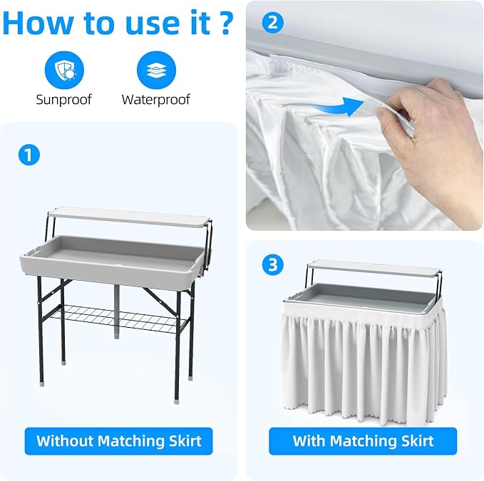 Ice Cooler Folding Table,Double-Layer Party Chilling Table with Drain and Detachable White Skirt to Keep Drinks Cool for Weddings, Outdoor, Picnics, Pool Parties