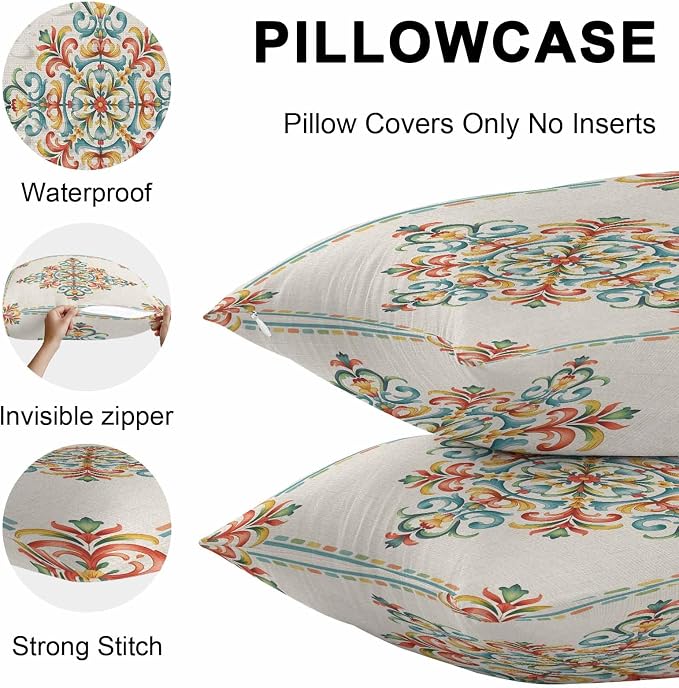 Geometric Flowers Outdoor Pillow Covers 24x24 Inch Throw Pillow Covers Set of 2 Waterproof Decorative Pillow Cases Modern Abstract Colorful Floral on Linen Cushion Covers for Patio Furniture Garden
