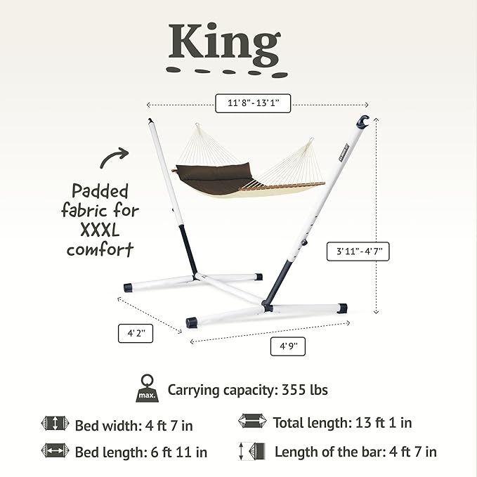 LA SIESTA® Alabama Quilted Hammock with Spreader Bar & Nautico Stand - Portable Weatherproof Large Outdoor Hammock with Stand, 2 Person Hammock with Stand for Outside Patio Porch - XL King, Arabica
