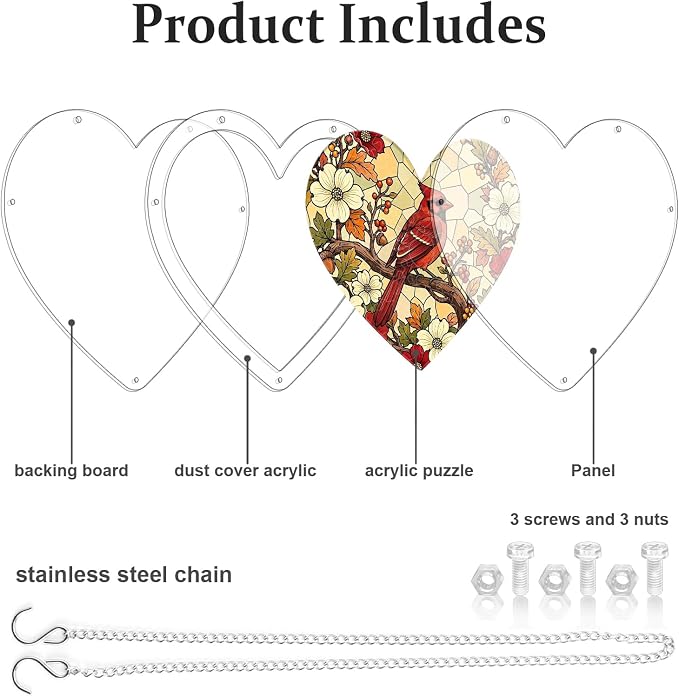 Acrylic Puzzle Suncatcher, Sun Catchers Puzzle for Window Hanging | 7.4 in Heart-shaped Cardinal DIY Suncatcher Puzzle Gifts for Adults, Women, Men, Wife, Mom, Birds Lover, Home & Garden Decor