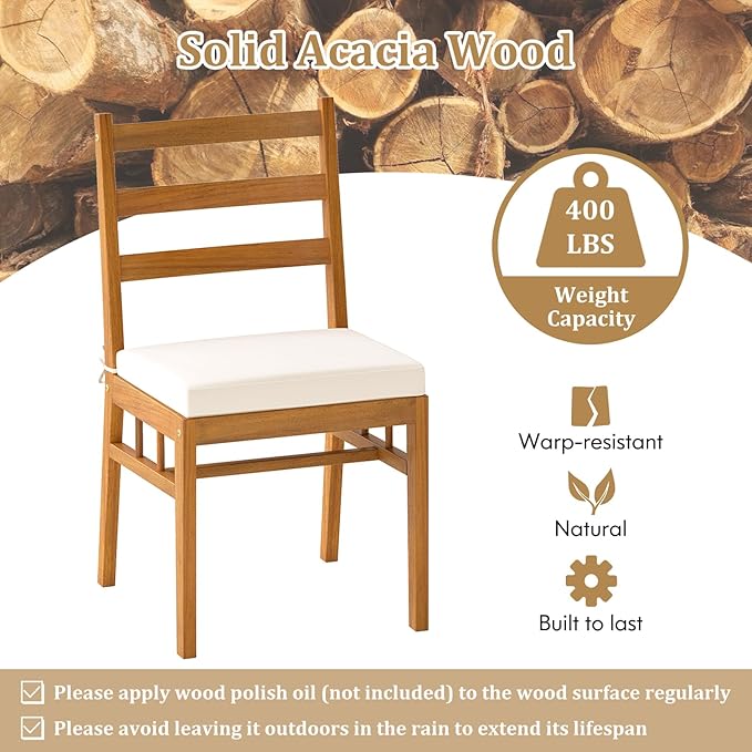 Tangkula 6 Pieces Patio Acacia Wood Dining Set, Outdoor Rectangular Table with 1.97” Umbrella Hole, Bench and Cushioned Chairs for 6, for Deck, Yard and Poolside