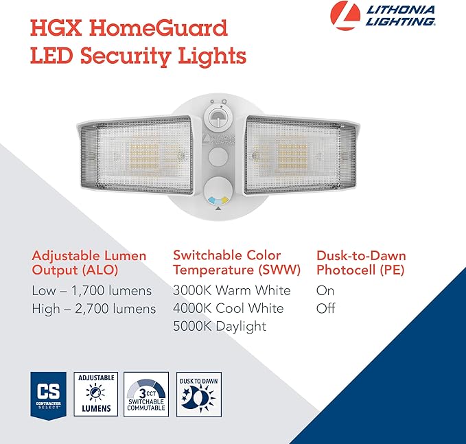 Lithonia Lighting HomeGuard 2-Light LED Outdoor Flood Lights, Outdoor LED Lights, Dusk to Dawn Sensor, Adjustable Lumens, Selectable Color, Square Heads, White (HGX LED 2SH ALO SWW2 120 PE WH M2)