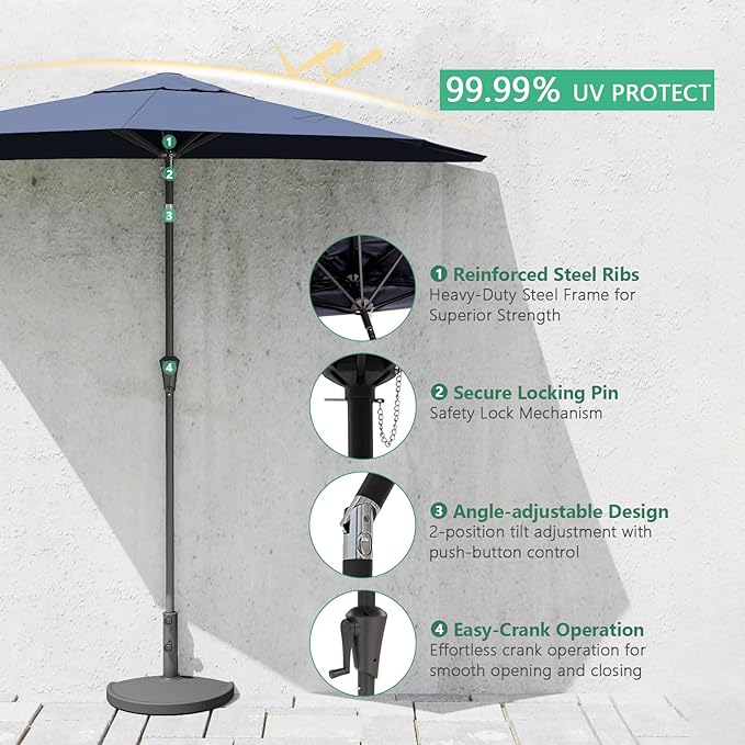 Helios&Hestia 9 ft Small Half Round Wall Outdoor Market Patio Umbrella with Tilt and Crank for Garden, Deck, Balcony