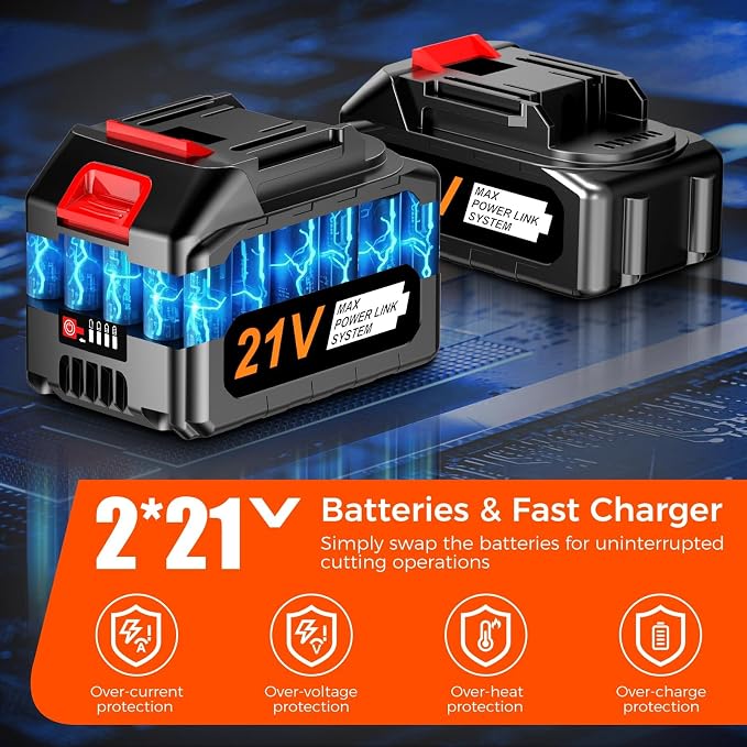 Battery Powered Chainsaw,12" & 16" Dual Guide Plate.21V Electric Cordless Chainsaw with 2 Batteries and Charger.Brushless Chain Saw Kit with Safety Goggles and Gloves for Tree Pruning and Wood Cutting