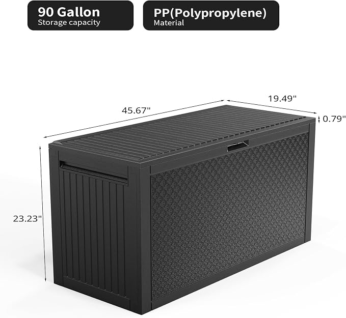 90 Gallon Black Outdoor Storage Deck Box, Modern Industrial Plastic Chest for Patio & Garden, Lockable Container for Tools & Cushions, Weather-Resistant, UV-Protected