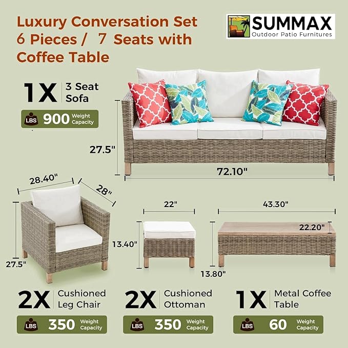 Patio Furniture Set Sectional Sofa with Metal Top Coffee Table, 6 Pieces Conversation Set Hand Woven Wicker Outdoor Furniture for Garden, Patio, Poolside, Porch Reinforced Rattan Sofa (Beige)