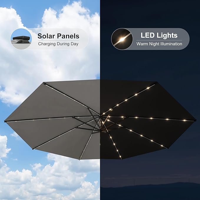 PURPLE LEAF 9' Round Patio Umbrella with Solar LED Outdoor Table Umbrella Aluminum Frame Market Umbrella with 8 Sturdy Ribs & Tilt for Garden Deck Lawn Pool Gray