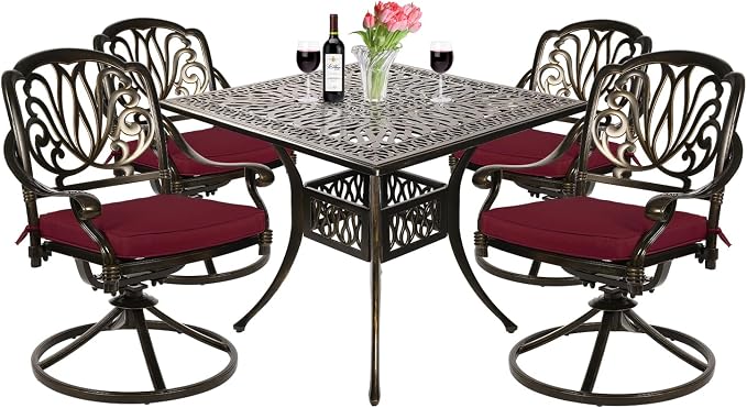 VIVIJASON 5-Piece Outdoor Patio Dining Set, All-Weather Cast Aluminum Conversation Set, Patio Furniture Set, Include 4 Swivel Dining Chairs, a 35.4" Square Table w/Umbrella Hole, Red Cushion