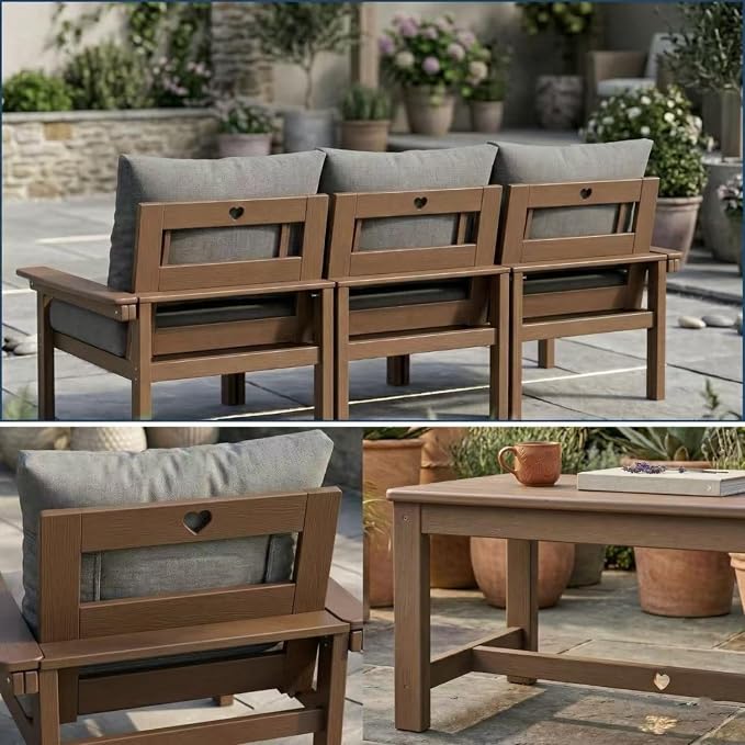 HDPE 3 Piece Patio Furniture Set, All-Weather Outdoor Couch Bistro Set with Thick Cushions & Side Table, Patio Conversation Sets for Lawn, Garden, Porch, Balcony, Deck, Poolside, Teak & Grey