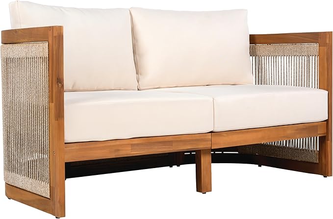LUMISOL 4 Piece Outdoor Patio Furniture Sets, Acacia Wood Conversation Set with Coffee Table for Garden, Poolside, Backyard, Teak+Beige