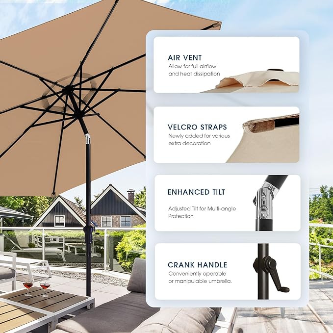 wikiwiki 10FT Patio Umbrella with Base, Outdoor Umbrellas with Base Included, 8 Sturdy Ribs, Waterproof Fade Resistant POLYESTER DTY Canopy for Deck, Lawn, Garden, Backyard & Pool, Tan