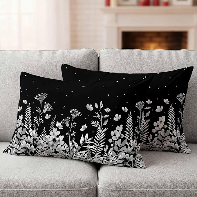 Outdoor Pillow Covers Waterproof, Vintage Floral Decorative Rectangle Throw Pillowcases Patio Cushion Covers for Tent/Garden, 20" x 12" 2 Pack, Spring Wildflowers Country Botanical Black