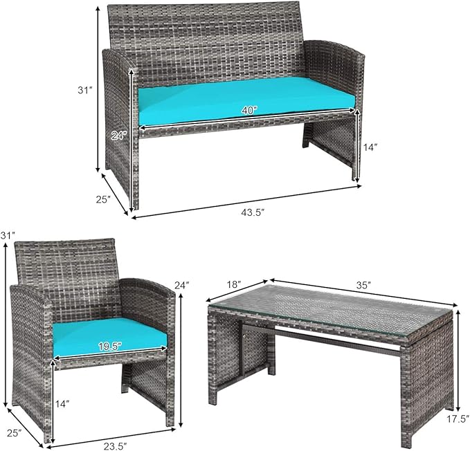 COSTWAY Patio Furniture Set 8 Pieces, Outdoor Wicker Chairs Sofa w/Coffee Table and Soft Cushions, Rattan Conversation Sets for Patio Lawn Backyard Yard Pool Garden, Turquoise