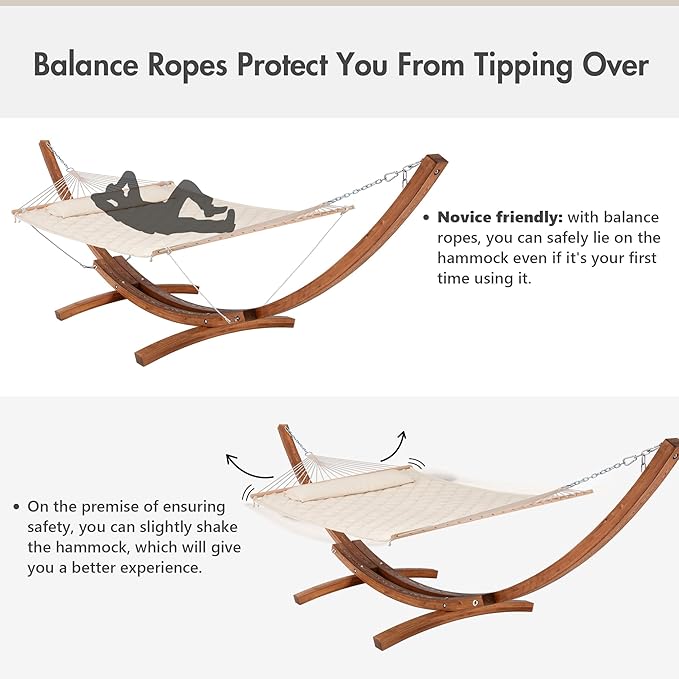ANOW Heavy Duty Curved Wood Arc Stand with 2 Person Hammock, 13.5FT Larch Wood Stand with 2 Chains, 4 Balance Ropes and 4 Carabiners, Includes Cream Hammock with Spreader Bars