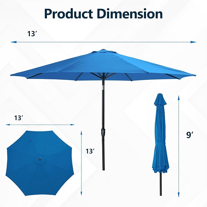 Kiss the Water Outdoor Patio Umbrella, Patio Umbrella with Push Button Tilt/Crank, Outdoor Umbrella with 8 Sturdy Ribs, Large Umbrella for Backyard, Pool, Deck, Market