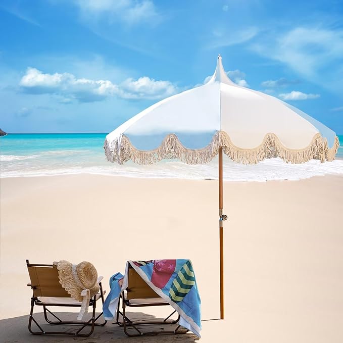 6.5ft Pagoda Beach Umbrella with Fringe, UPF 50+ Boho Umbrellas with Carry Bag, Premium Wood Pole Foldable Tassel Umbrella for Outdoor Garden Lawn Pool Yard Table
