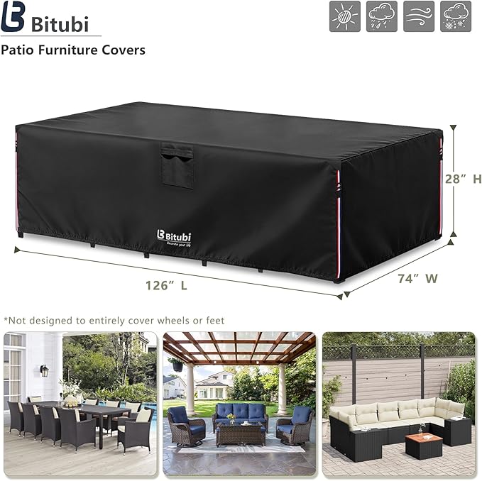 Bitubi Rectangular Patio Table Cover - Heavy Duty 600D Tough Canvas Waterproof Outdoor Dining Table and Chairs Universal Furniture Cover Size 126L x 74W x 28H inch, Black