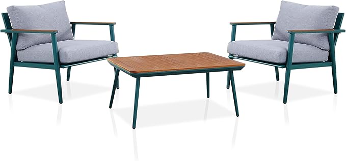 Furniture of America Beth Mid-Century Modern 3-Piece Aluminum Patio Conversation Set, Rectangle Table and 2 Padded Outdoor Chairs for Garden, Backyard, Deck, Gray, Green and Oak Brown