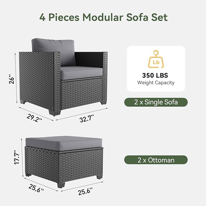 Aoxun 4 Piece Patio Furniture Set with Ottomans, Wicker Outdoor Furniture Conversation Set with 4" Thick Cushions for Deck Yard and Poolside Grey