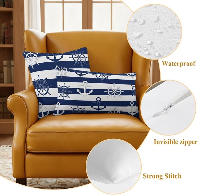 Nautical Ship Anchors Waterproof Outdoor Pillow Covers Set of 2 Home Decor, Coastal Navy Blue Stripes Lumbar Pillowcase Patio Pillow Covers for Couch Bench Patio Furniture Garden 20x12in