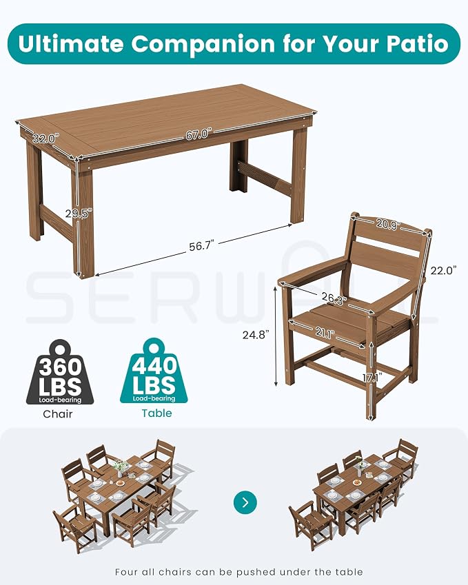 SERWALL HDPE Outdoor Dining Table and Chairs Set for 6 | with Oversized Chair Seat