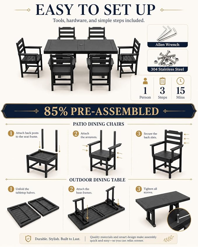 WACASA 7-Piece HDPE Outdoor Dining Set for 6, All-Weather Faux Wood Patio Table and Chairs with 2" Umbrella Hole, Steel-Reinforced Outside Furniture, Black