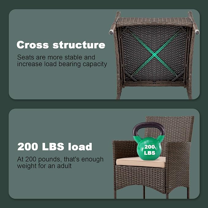 Outdoor Patio Furniture Set，3 Pieces Wicker Bistro Set Outdoor Patio Set Rattan Chair Conversation Sets Patio Sofa Wicker Table Set for Yard Backyard Lawn Porch Poolside Balcony (Khaki)