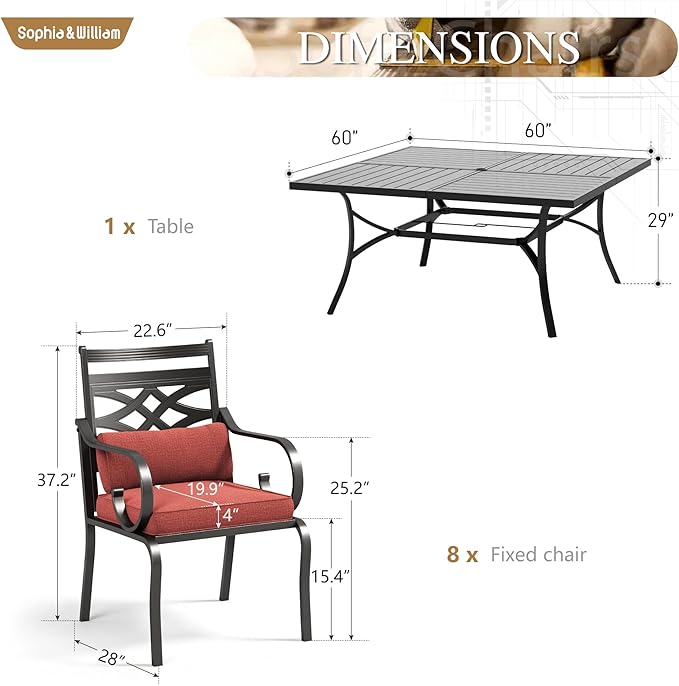 Sophia and William Outdoor Patio Dining Set for 8, Outdoor Table and Chairs, Removable Seat Cushions, Black 37" Patio Dining Table,Red