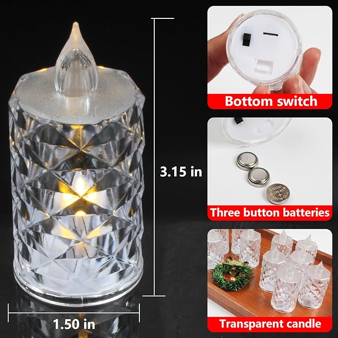 12-Pack Flameless Candles, Battery Operated Crystal LED, 200+H Runtime – Realistic Flickering Light for Table Centerpiece, Safe for Mother's Day, Father's Day, BBQs, Outdoor & Family Gatherings