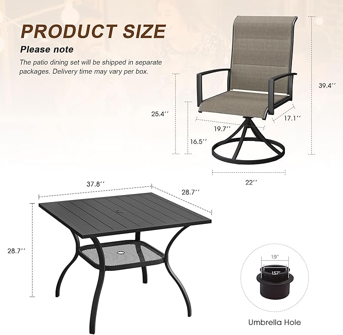 VICLLAX 5 Pieces Outdoor Dining Set, Patio Furniture Set Includes 38" Square Metal Table W/ 1.9" Umbrella Hole and 4 Padded Textilene Swivel Chairs for Porch, Lawn, Garden, Backyard