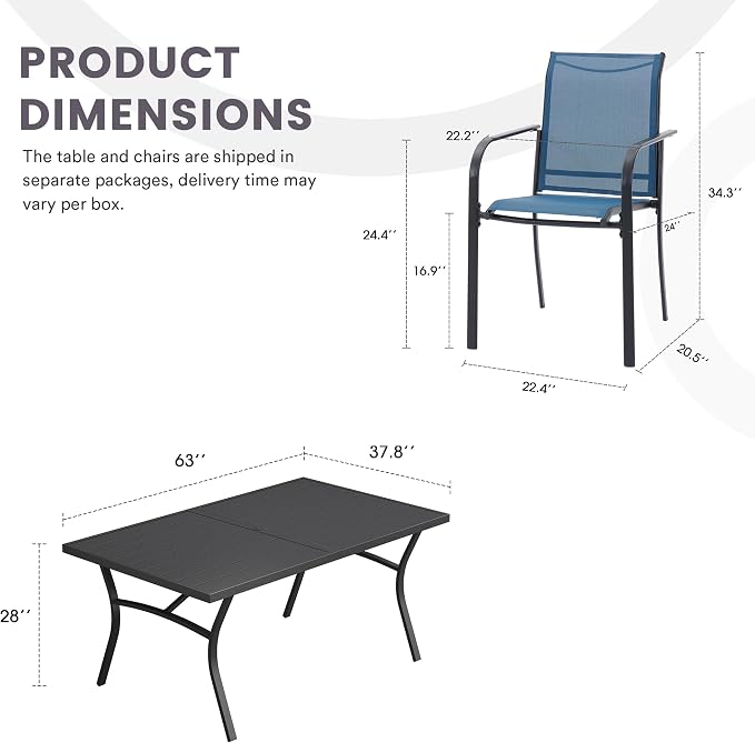7 Pieces Patio Dining Set, 63" Rectangular Dining Table with Umbrella Hole, 6 Stackable Textilene Fabric Chairs, Metal Structure for Patio, Porch, Garden(Black Table, Blue Chair)