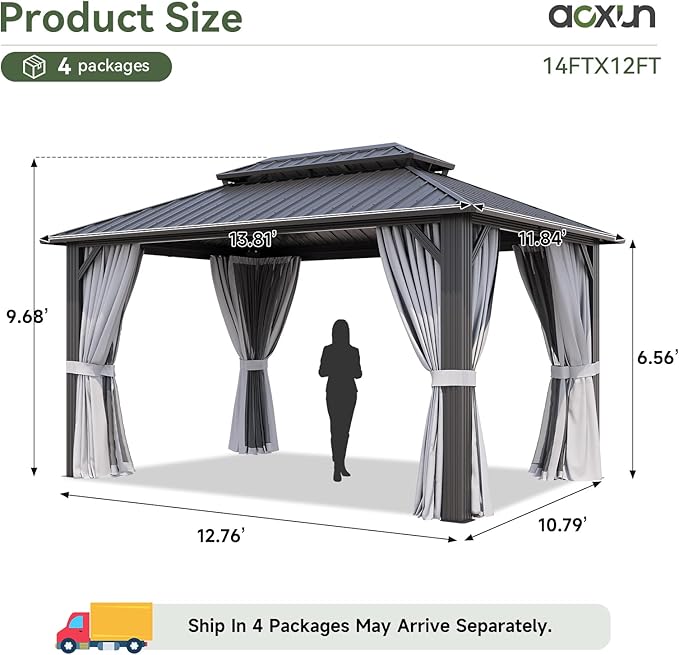 Aoxun 12’x14’ Hardtop Gazebo, Permanent Metal Pavilion with Galvanized Steel Double Roof, Outdoor Pergola with Nettings and Curtains for Lawn, Garden, Patio (Gray)
