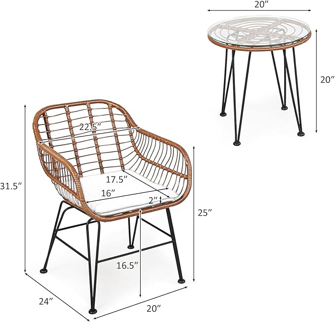 COSTWAY 3 Pieces Patio Bistro Set, Outdoor Rattan Conversation Seating Chair Set with Coffee Table & Soft Cushions, Indoor Wicker Furniture Set for Garden, Balcony, Porch, Pool, Navy