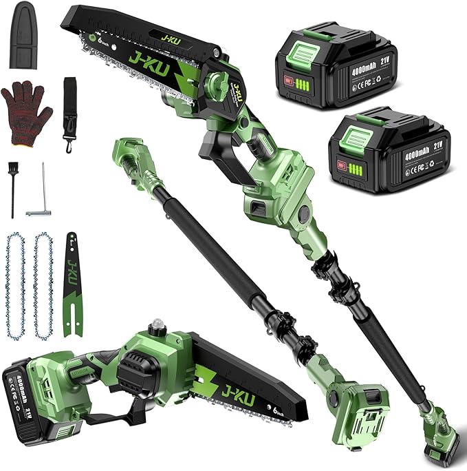 Electric Pole Saws for Tree Trimming: 6 Inch Mini Chainsaw Cordless with Extension Pole, 2x4000mAh Batteries, 21V Brushless Pole Saw Battery Powered Tree Trimmer 16 Ft reach Limb