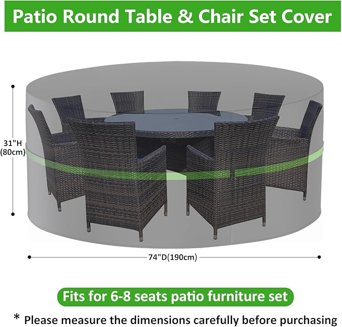 Round Outdoor Table Cover 74Inch, Waterproof Patio Furniture Cover - Heavy Duty 420D Large Patio Dining Table and Chair Set Covers for All Weather Resistant for Round Sofa (Black, 74"DIA x 31"H)