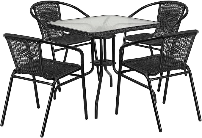 Flash Furniture 5-Piece 28" Square Indoor/Outdoor Patio Table and Chairs Set, Dining Set with Glass Metal Bistro Table, 4 Stack Rattan Chairs, Black